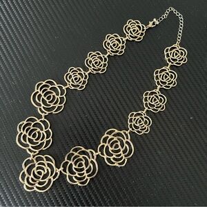 Statement Necklace Hollow Rose Flower Gold Tone